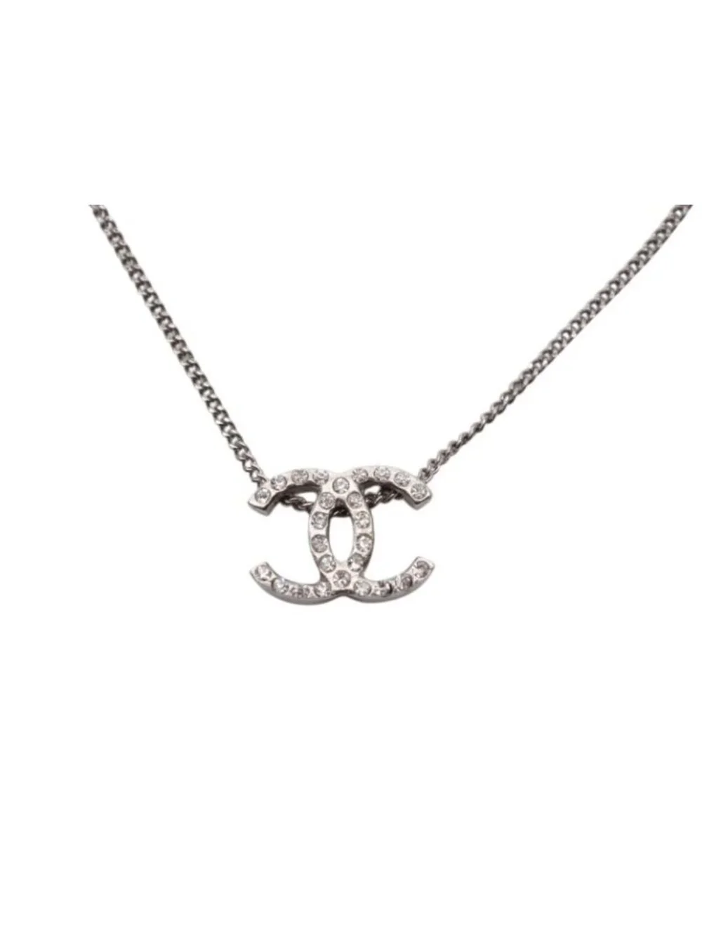 Chanel CC Logo Double Sided Rhinestone Necklace 10 44 Silver Metal